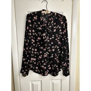 Ann Taylor Floral Tie Neck Blouse Black White Red Long Sleeve Button Size M